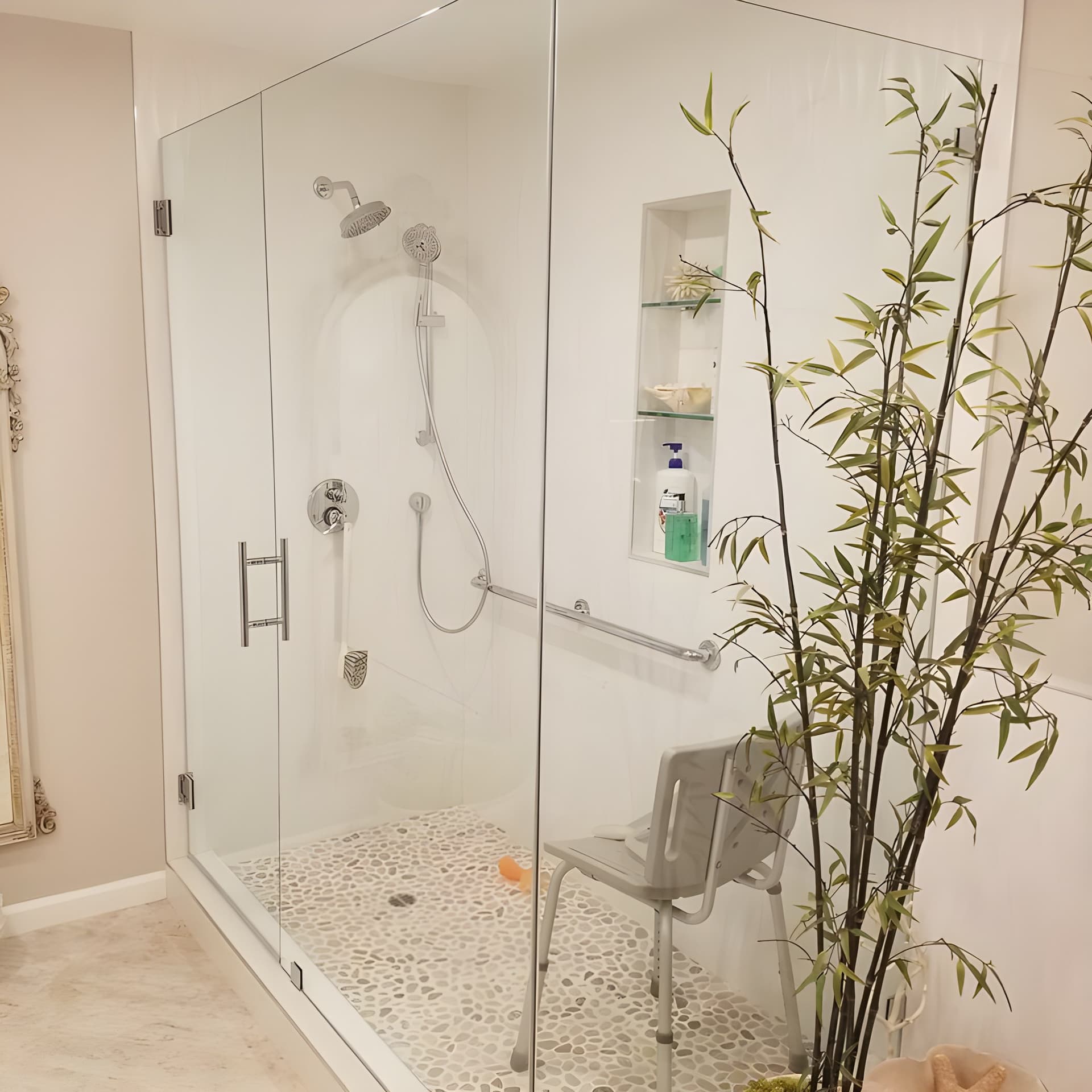 This bathroom is designed to feel graceful, polished, and quietly indulgent