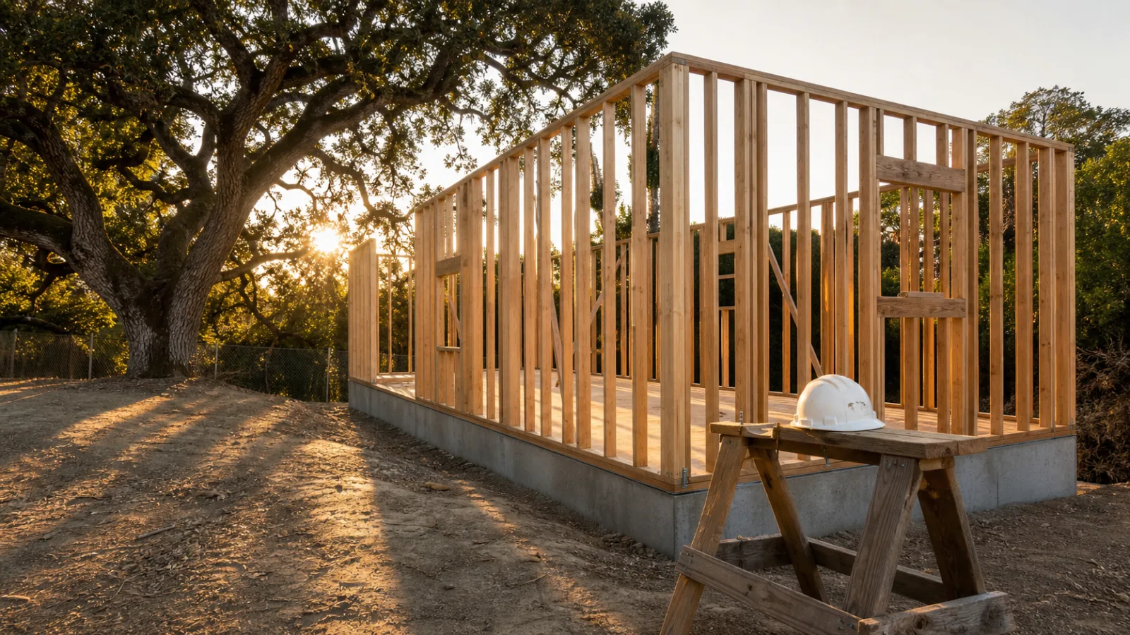 Mid-construction Atherton ADU framing on a 1.2-acre lot with mature coast live oak in background