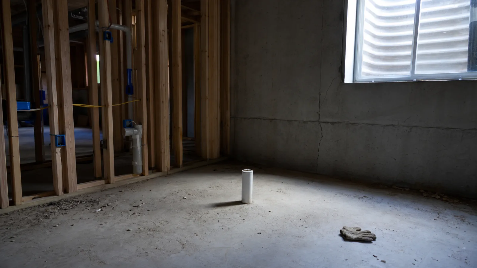 Mid-process Cherry Hills Village basement excavation showing radon stack and framed walls