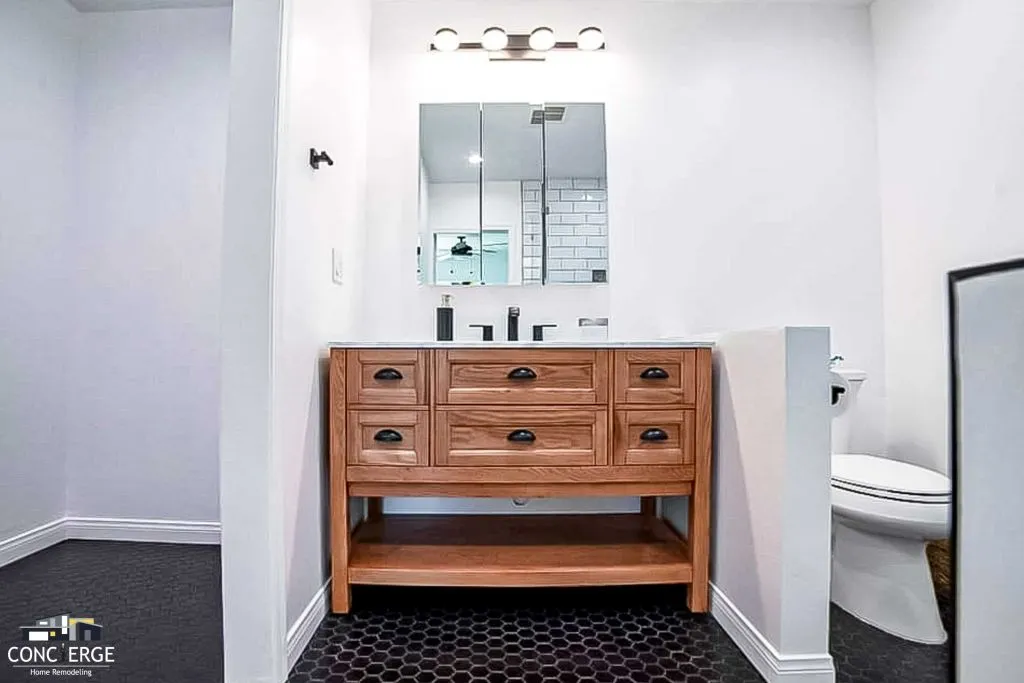 Bathroom remodel with wood vanity, Woodland Hills