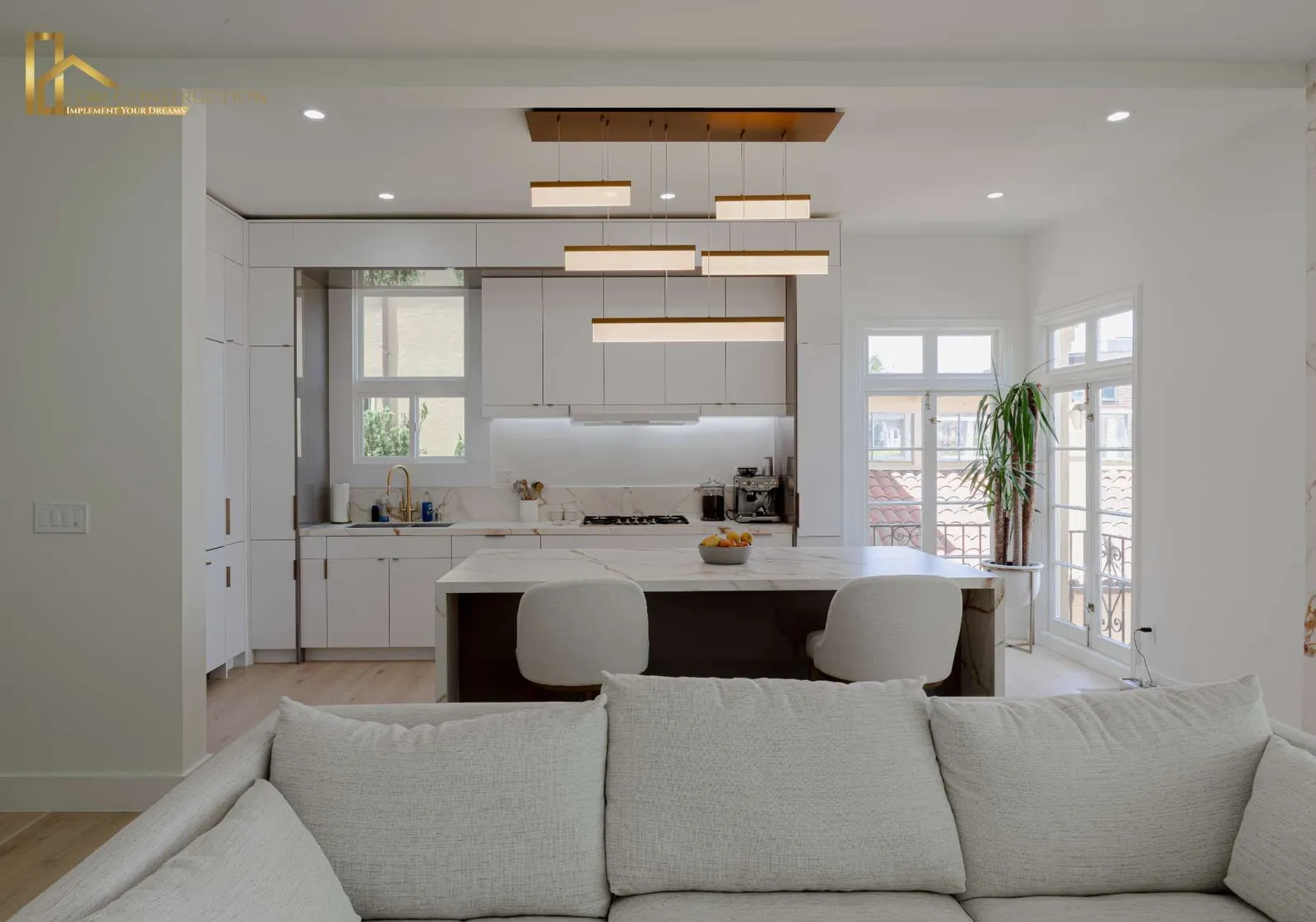 Living room and kitchen, full-home remodel on Bay Street, San Francisco