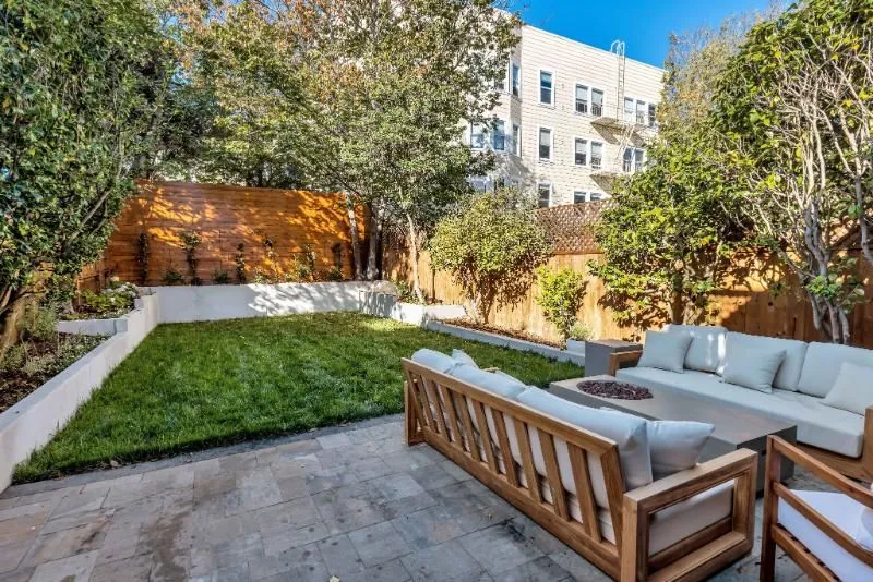 Backyard remodel with lawn, pavers and fire pit, San Francisco
