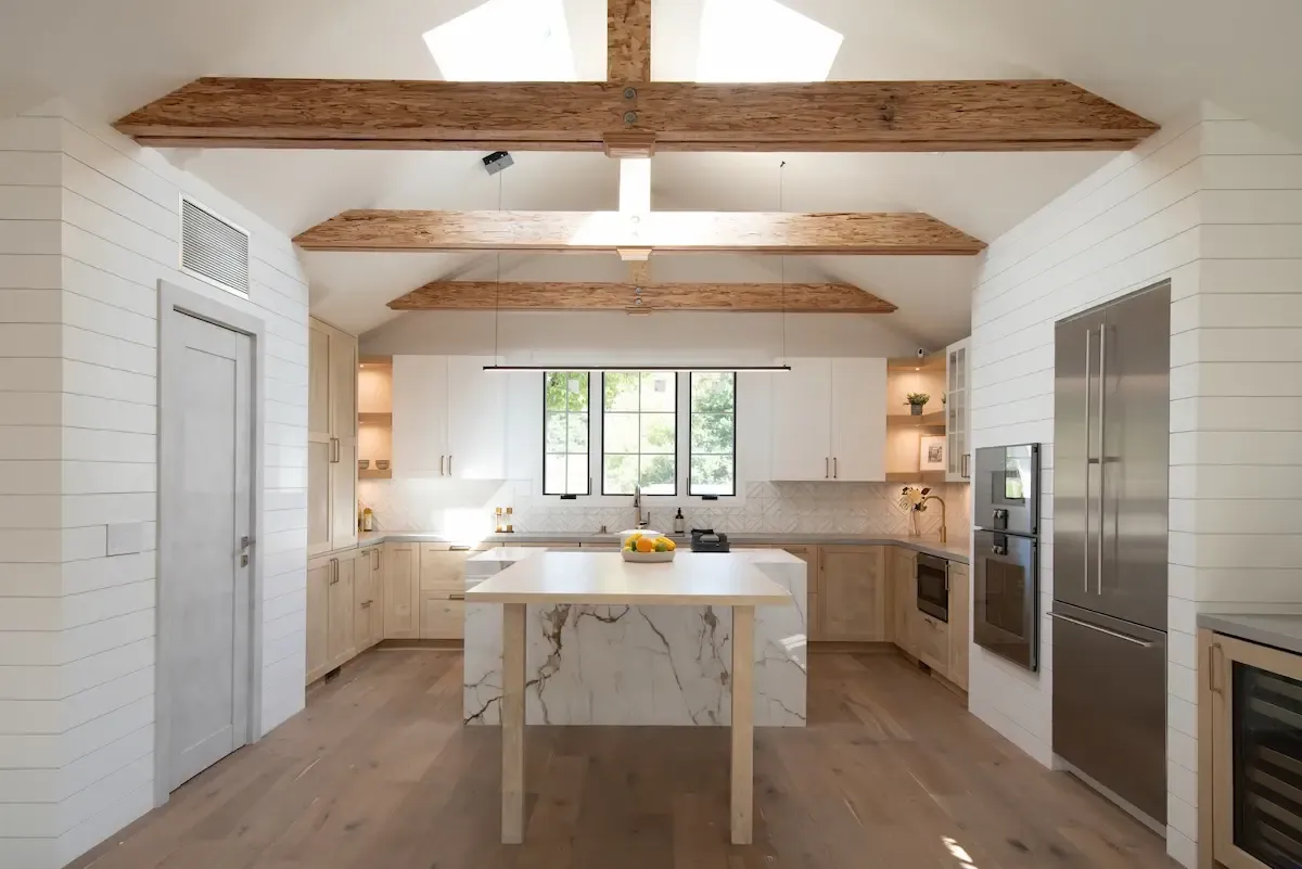 Kitchen with exposed beams, skylights and marble island, remodel, Los Altos