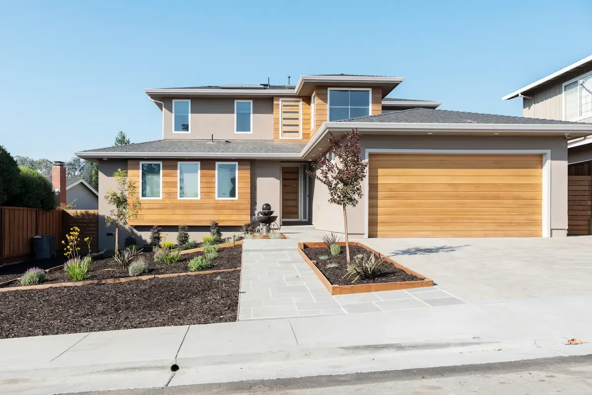 Front exterior and driveway, new home, Belmont