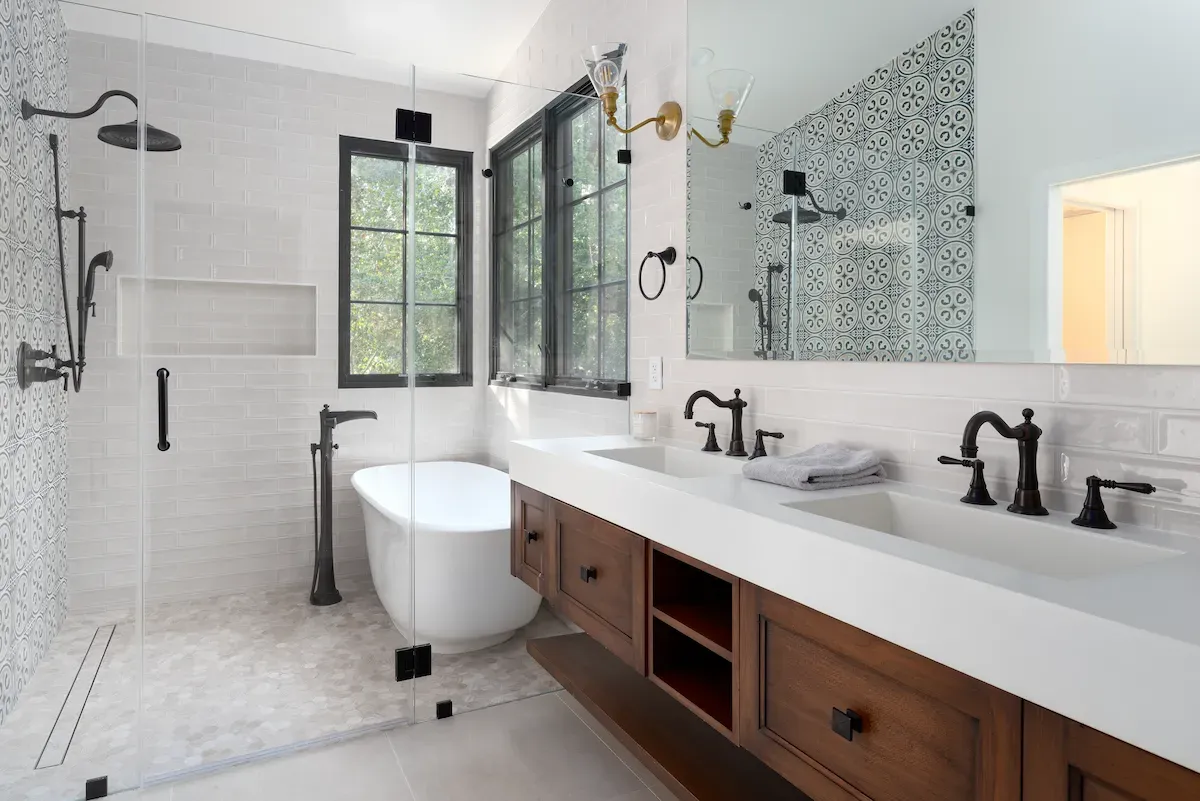 Primary bathroom with freestanding tub, new home, Saratoga