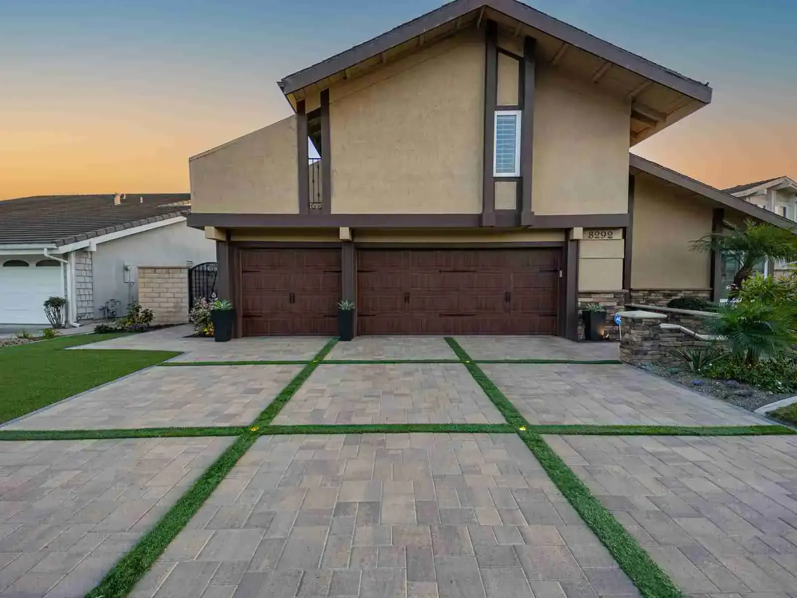Paver driveway with turf strips, front and backyard remodel, Huntington Beach