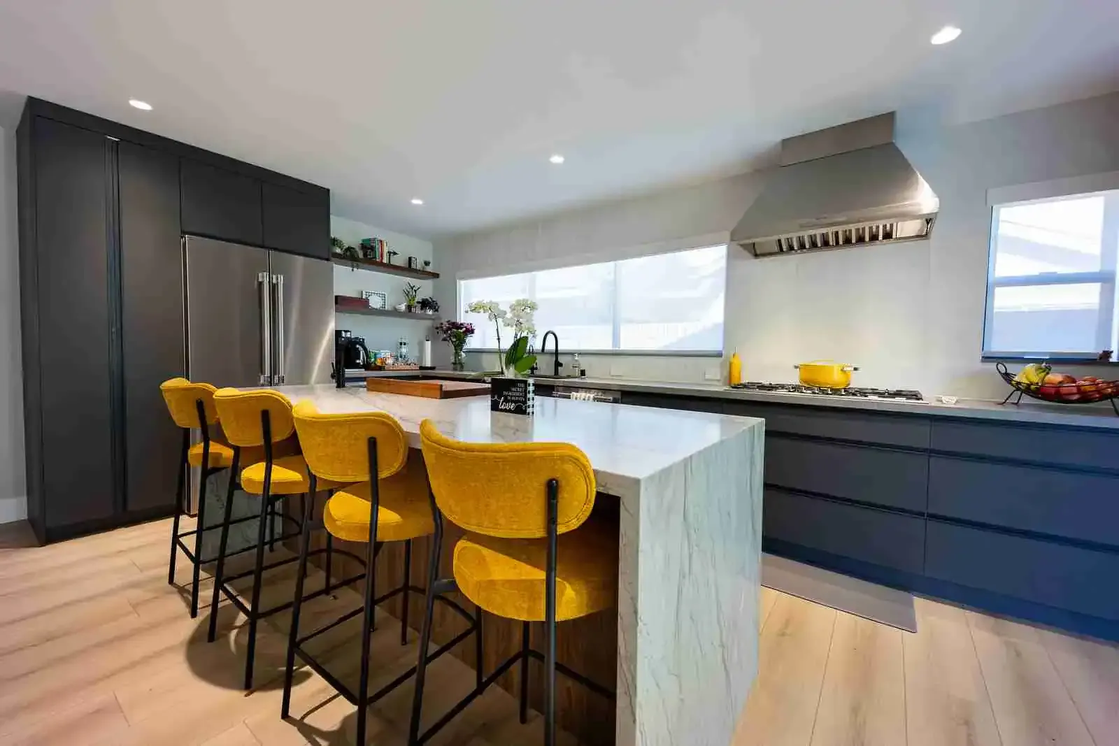 Open concept kitchen with a waterfall island, Fountain Valley