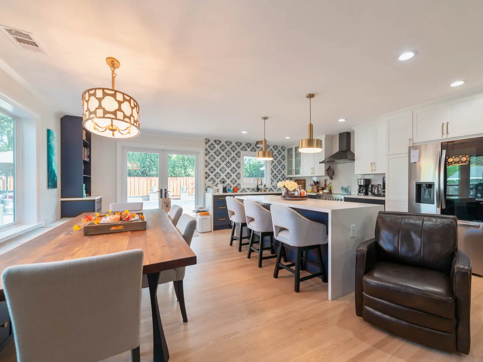 Kitchen and dining remodel with navy cabinetry, Walnut Creek