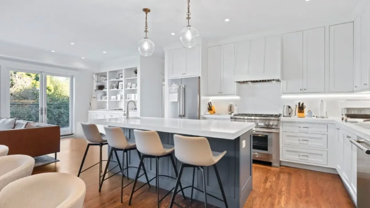 Kitchen with a navy island and quartz counters, Inner Richmond, San Francisco