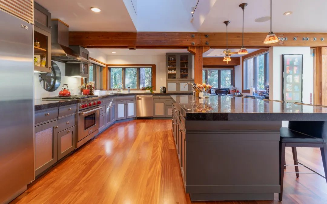 Kitchen with refinished cabinetry and new lighting, Mill Valley