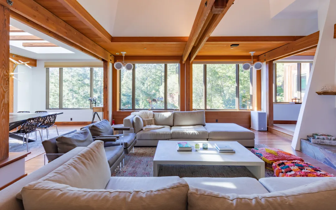 Living room with new wood flooring and lighting, Mill Valley