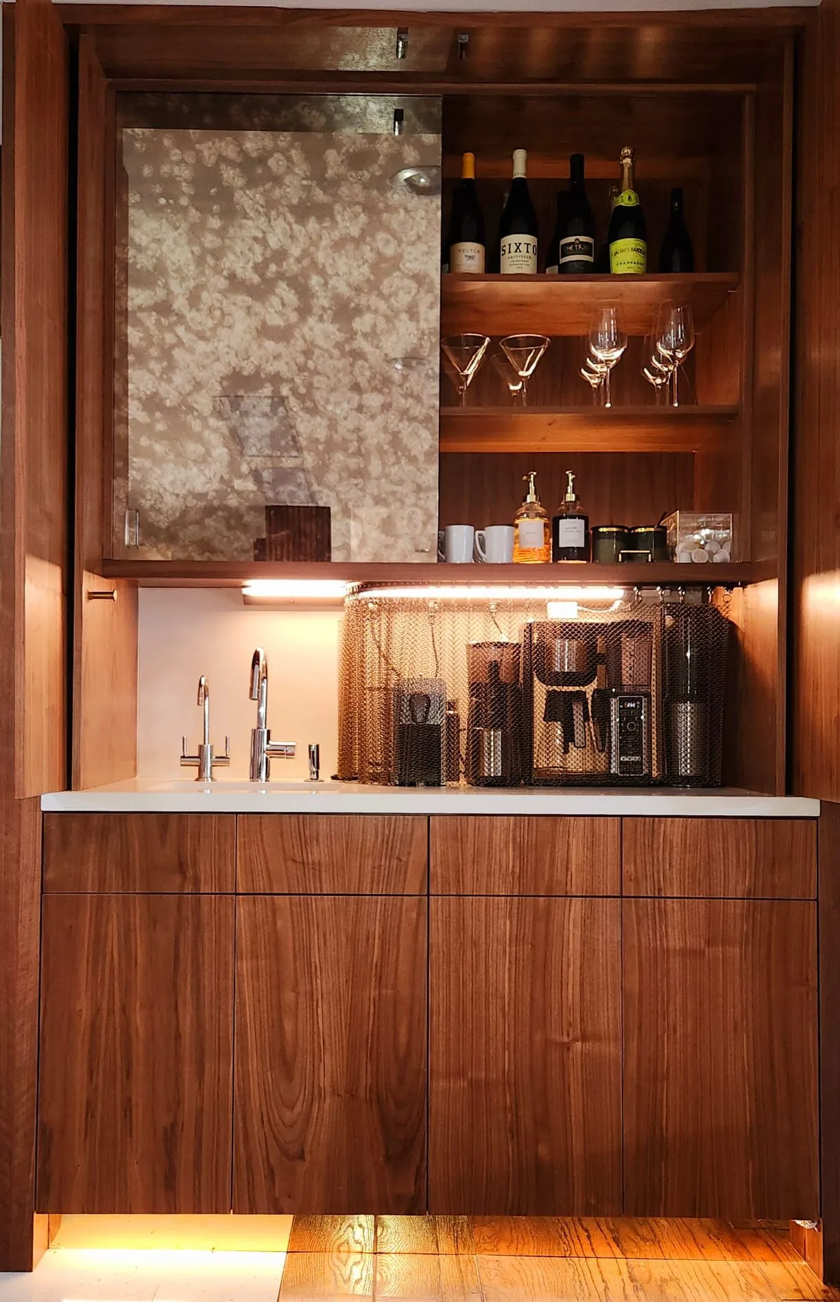 Built-in walnut coffee and bar cabinet