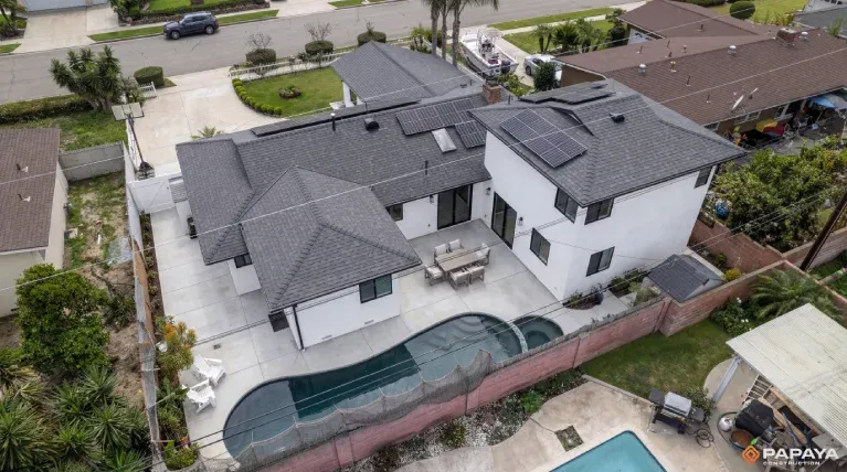 Aerial view after the roof, stucco and window replacement, Garden Grove