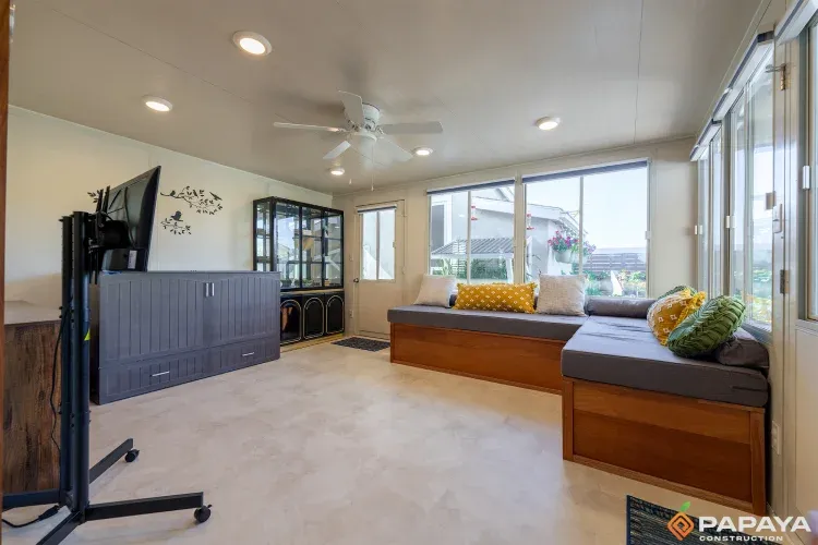 Enclosed patio turned sunroom with built-in bench, Fountain Valley