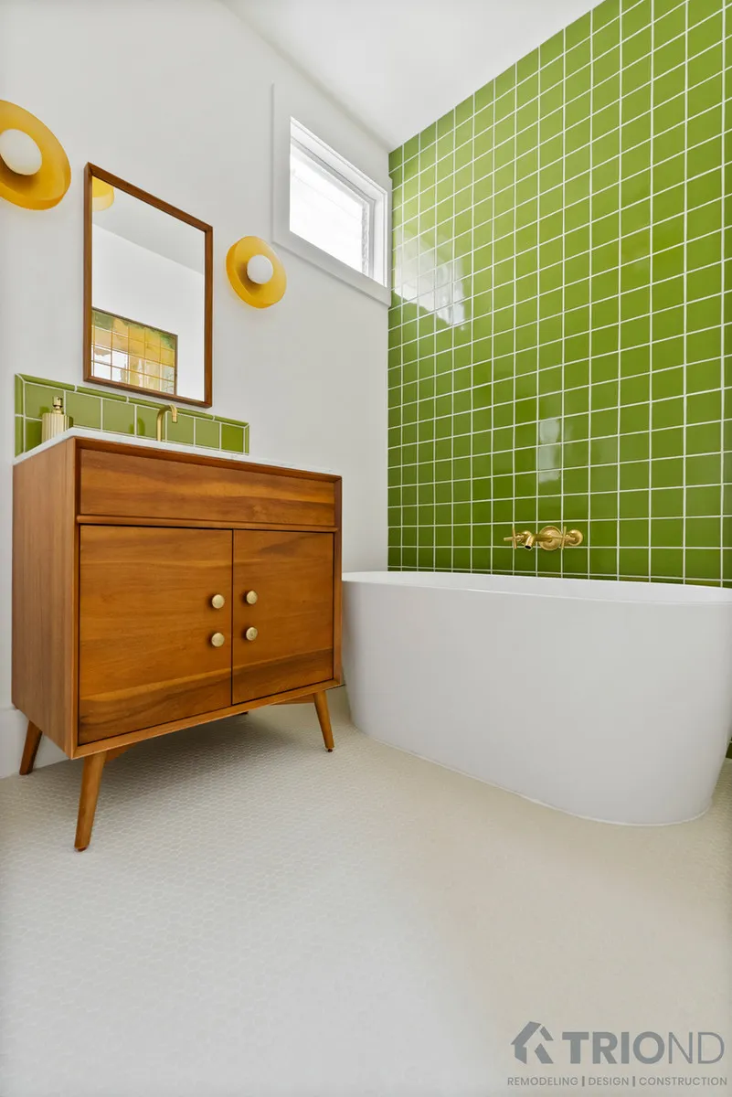 Mid-century bathroom with green tile and walnut vanity, Eureka Valley