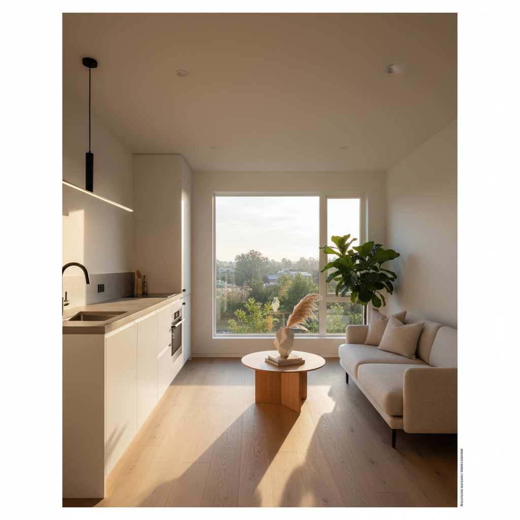 Beautifully designed ADU studio interior with kitchenette, lounge area, and large picture windows