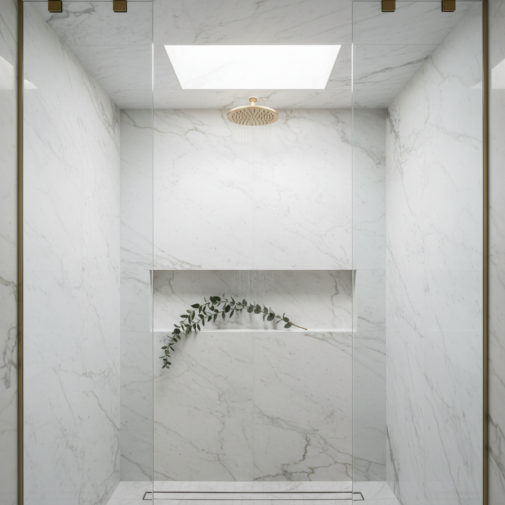 Luxury walk-in shower interior with frameless glass and Calacatta marble walls
