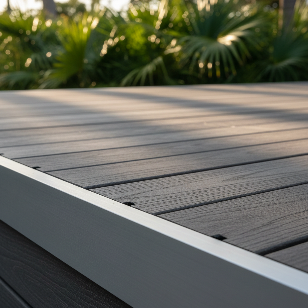 Composite decking close-up showing texture, hidden fasteners, and modern profile