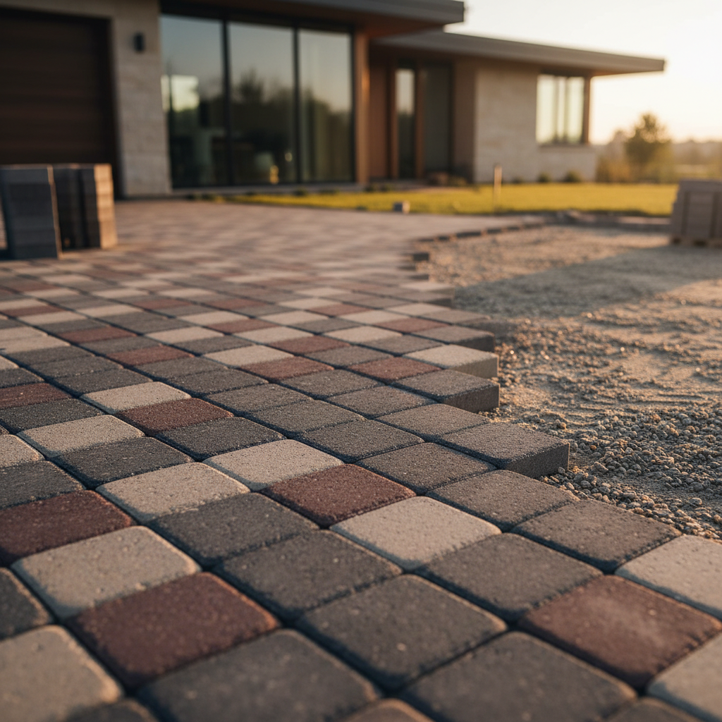 Interlocking pavers being installed in a geometric pattern over a properly compacted gravel base