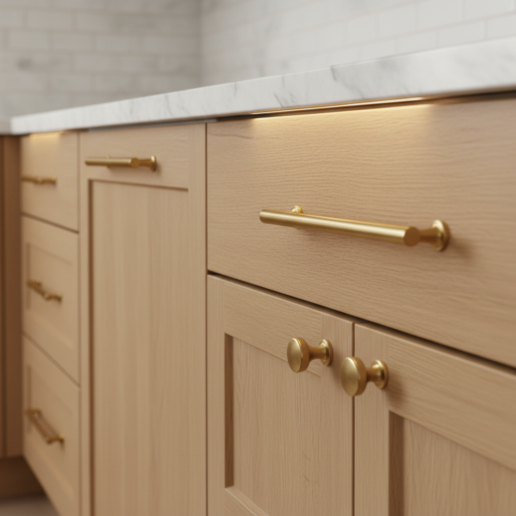 Premium custom kitchen cabinetry close-up showing brushed brass hardware on light oak shaker doors