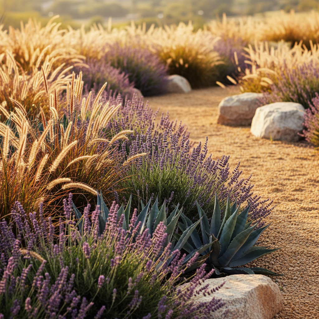 Drought-tolerant California garden detail with lavender, agave, and decomposed granite path
