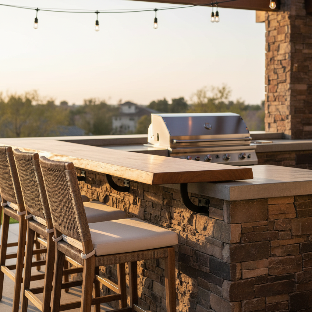 Built-in stainless grill with bar overhang seating in a luxury outdoor kitchen at golden hour
