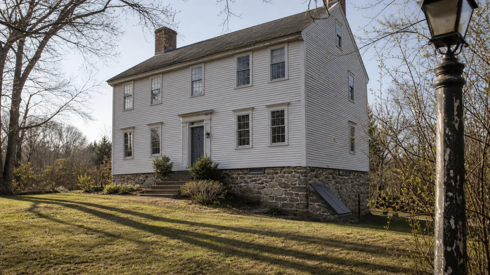 1820s Weston colonial home exterior with granite fieldstone foundation visible at ground level